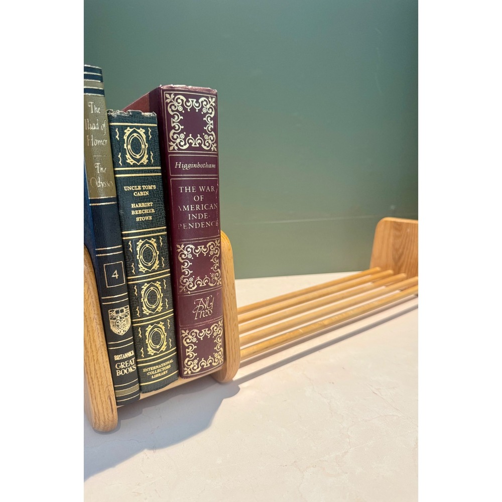 Vintage Solid Oak Wood Expandable Book Rack Sliding Tabletop Bookshelf Organizer